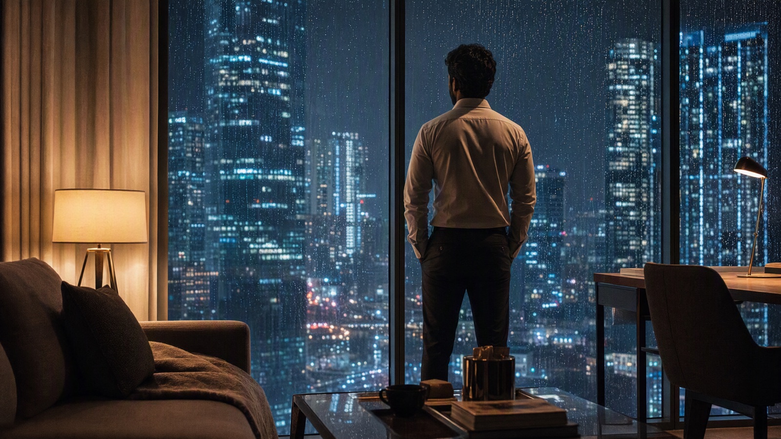 A person at an apartment window in a cold-climate city at night